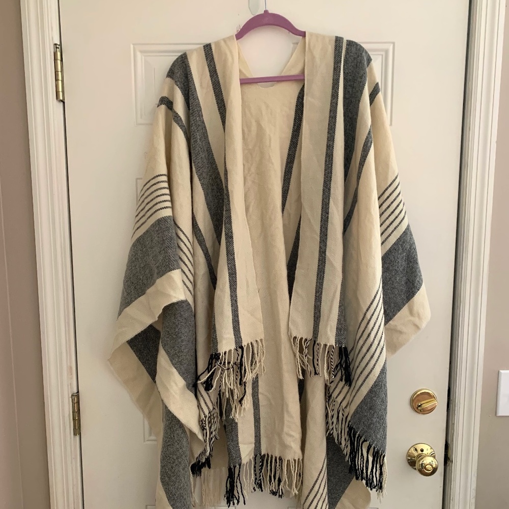 Beautiful Boho Poncho Shawl / Beige and Gray Tones Stripes / One Size Fits All
